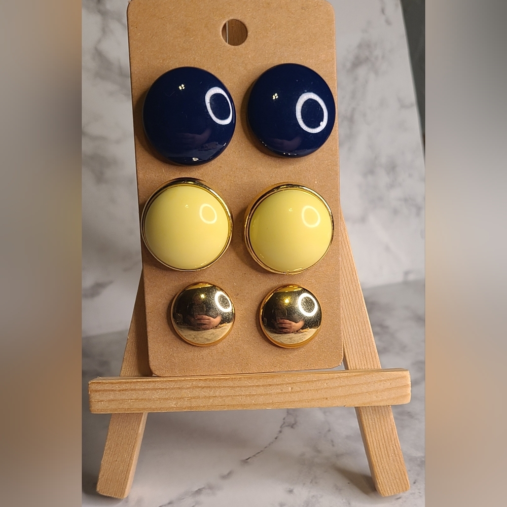 3 pairs of vintage button style post earrings - gold, yellow, navy